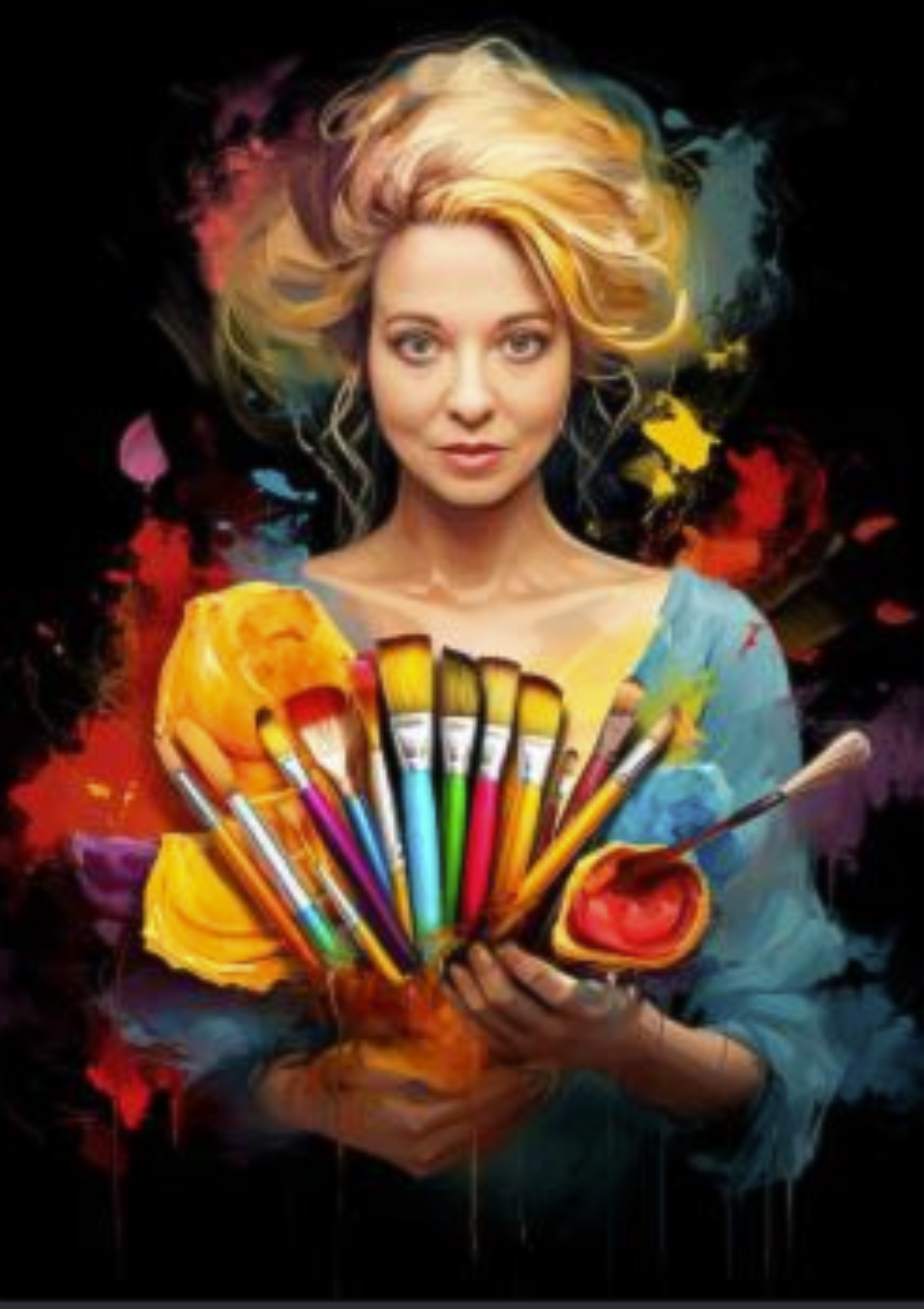 Portrait of Dawn Roeske, a therapeutic art life coach, depicted in an AI-enhanced image. Dawn’s face is at the center, surrounded by a dynamic burst of colors that represent her creative impact. She holds an array of paintbrushes, symbolizing her tools for healing through art. The vibrant splashes of paint form a visual metaphor for the transformative journey from trauma to beauty. This image encapsulates Dawn’s mission to help others heal through the power of artistic expression