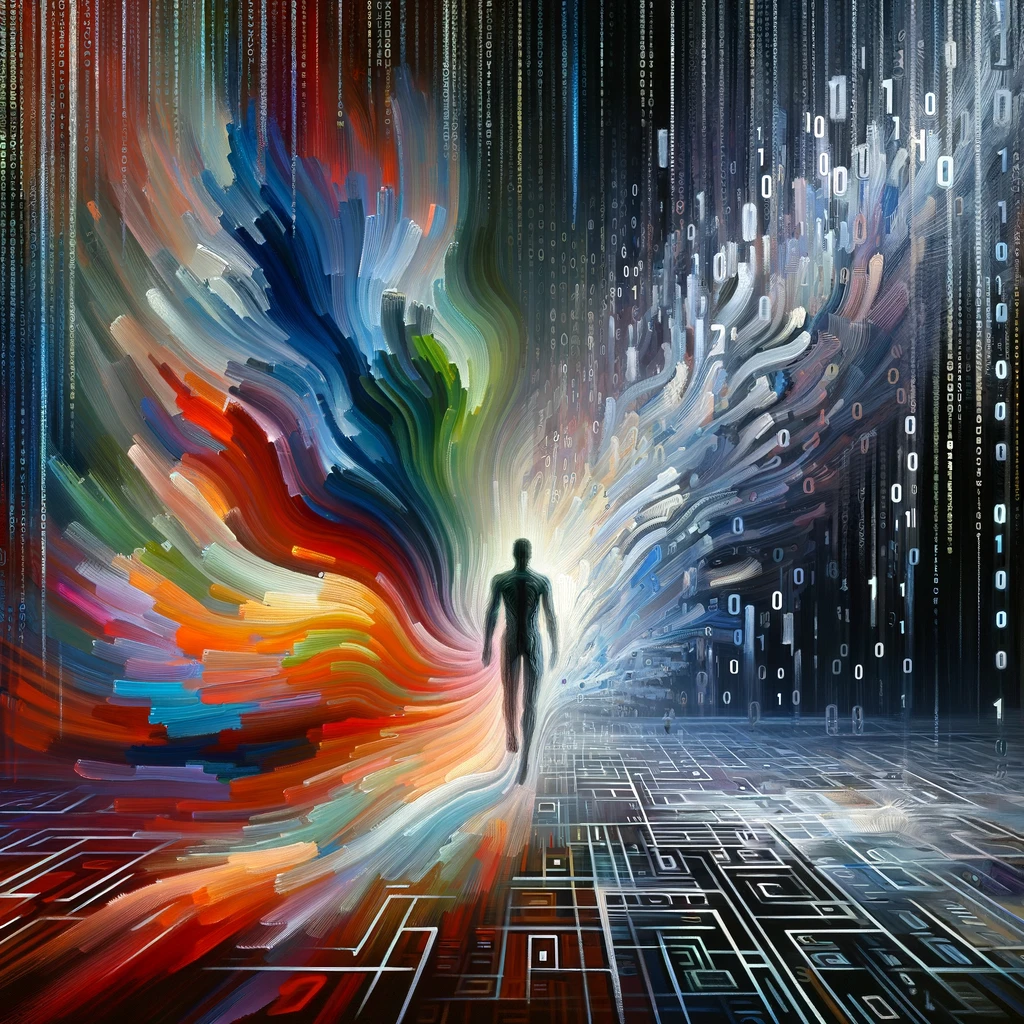 An evocative digital artwork showcasing a human silhouette transitioning from a stark, binary-coded digital realm into a vibrant, colorful space with fluid paint strokes, embodying the fusion of AI and therapeutic art.