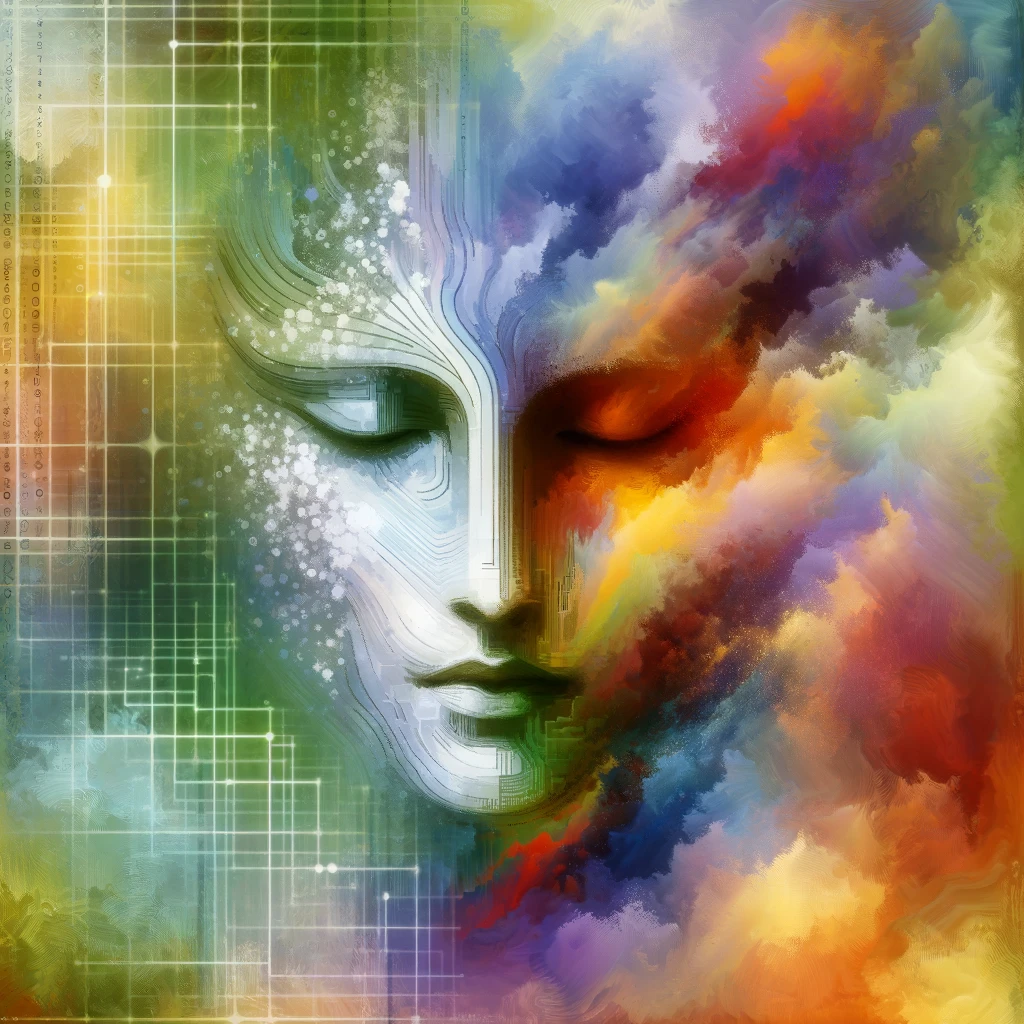 Abstract representation of a serene face with one half composed of pixelated digital elements and the other half transitioning into a spectrum of warm, watercolor-like hues, symbolizing the integration of AI and emotional healing.