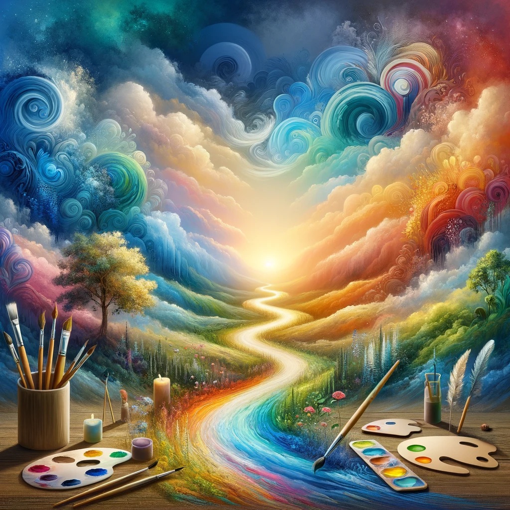 Digital artwork depicting a winding path through a vibrant, colorful landscape, adorned with artistic tools like paintbrushes and digital tablets, leading towards a horizon glowing with transformative light.