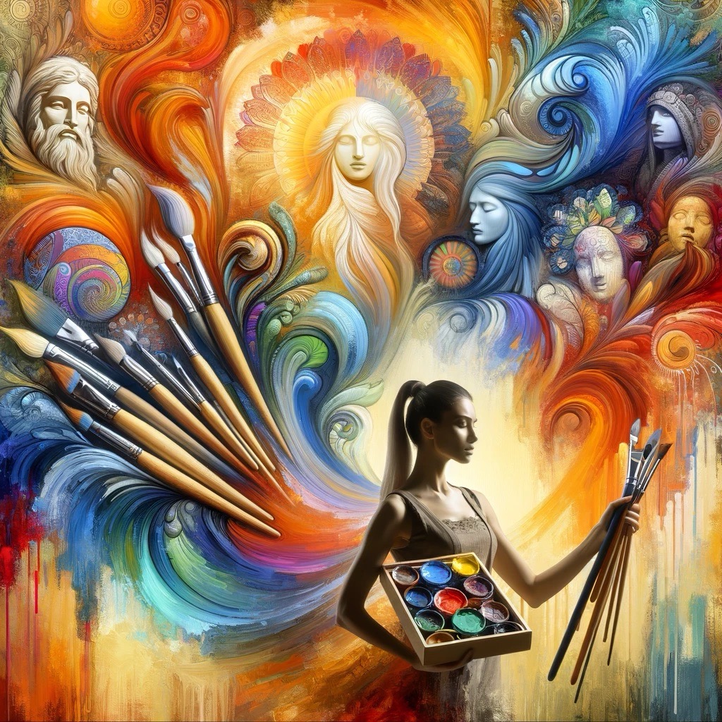 A vibrant artwork blending traditional art forms, featuring a woman holding brushes and a palette, surrounded by colorful abstract elements, classical sculptures, and nature-inspired motifs, symbolizing the journey of healing through art.