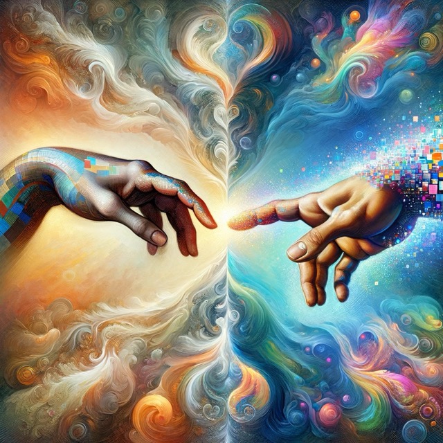 A digital painting featuring two hands reaching towards each other, one rendered in traditional oil paint style, and the other in a pixelated digital form, against a backdrop of swirling colors blending both mediums.